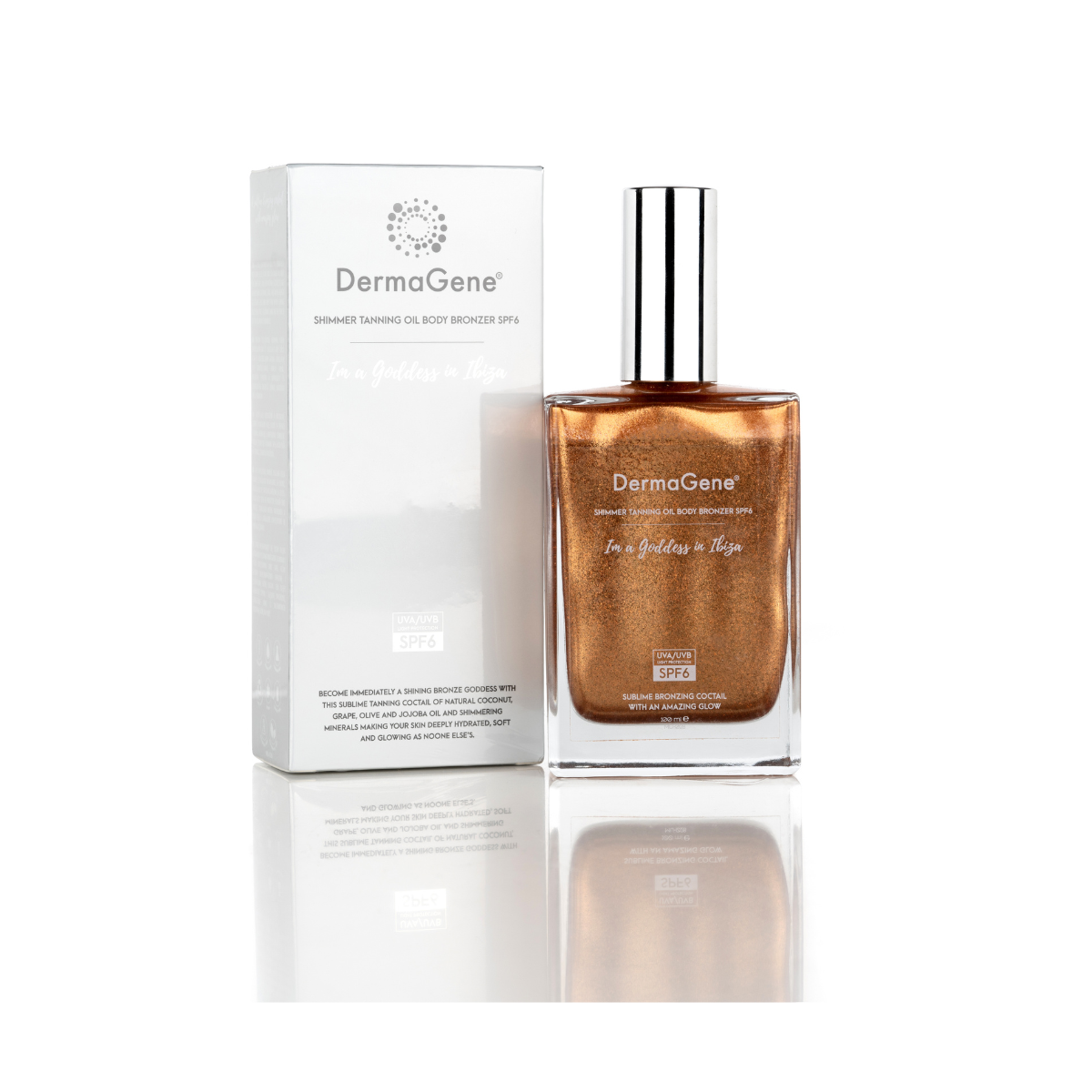 DermaGene® Ibiza Csillámos Bronzosító Tápláló Napozóolaj SPF6 DermaGene® Ibiza Csillámos Bronzosító Tápláló Napozóolaj SPF6