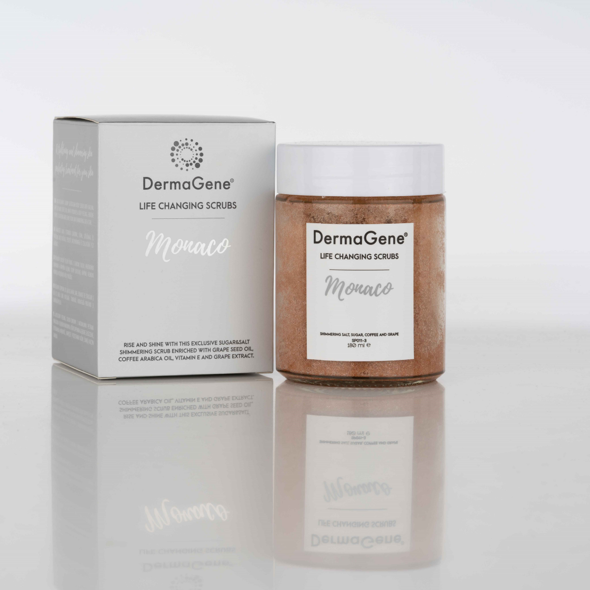 DermaGene® Monaco Feszesítő és Hidratáló Csillámos Testradír kávé és szőlőmag olajjal