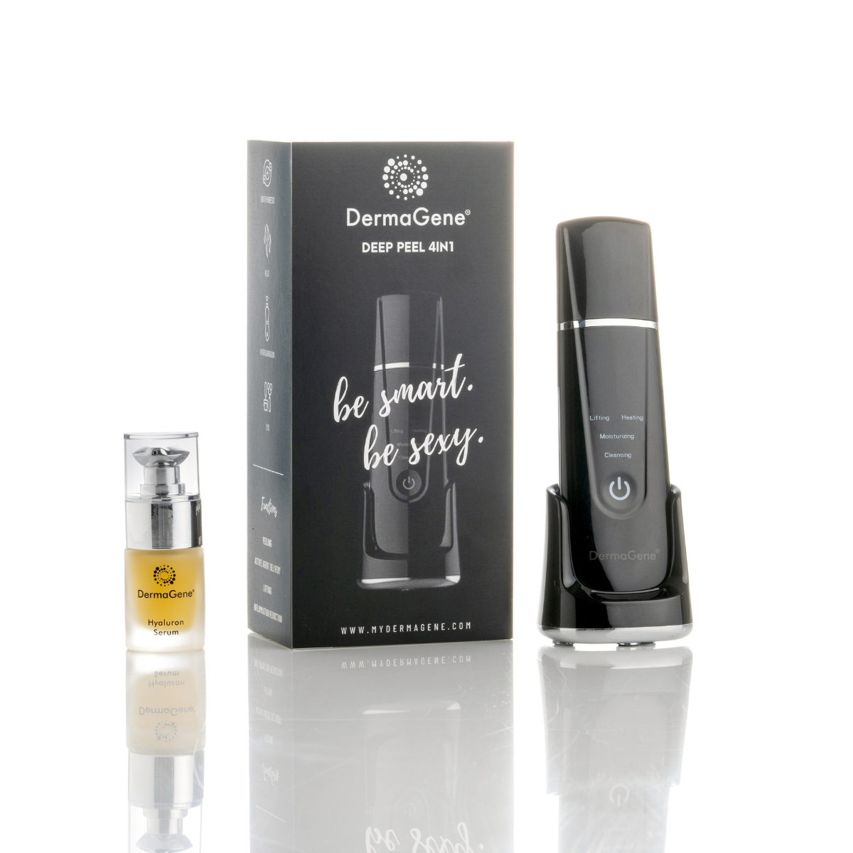 DermaGene® Deep Peel 4in1 Hidroabráziós Otthoni Arcpeeling Készülék (Fekete) Csomagban DermaGene® Hialuron Serummal