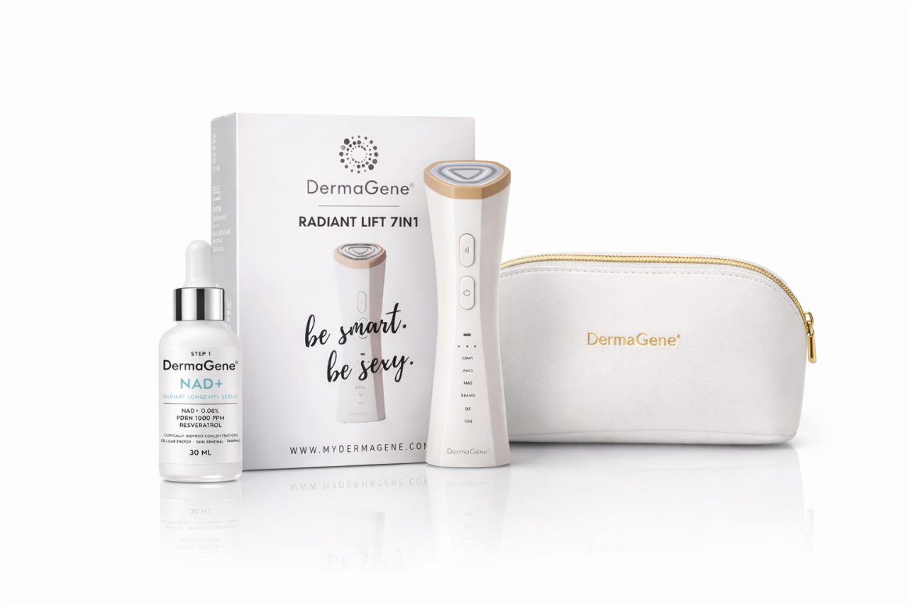 DermaGene® DermaGene RadiantLift 7in1 Professzionális Arcfiatalító Készülék Longevity Csomag – NAD+ Radiant Longevity Szérummal