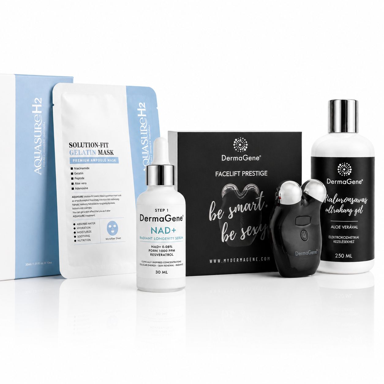 DermaGene NAD+ Revitalizáló Arclifting Rituálé – mikroáramos készülékkel, NAD+ PDRN szérummal és bőrnyugtató koreai fátyolmaszkkal
